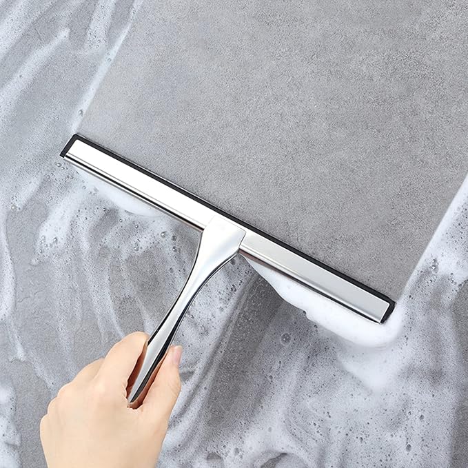 Shower Squeegee for Glass Doors,10-Inch Shower Glass Squeegee, Sliver Shower Squeegee for Shower Doors,Mirror,Windows, with Shower Door Hook and Adhesive Hook