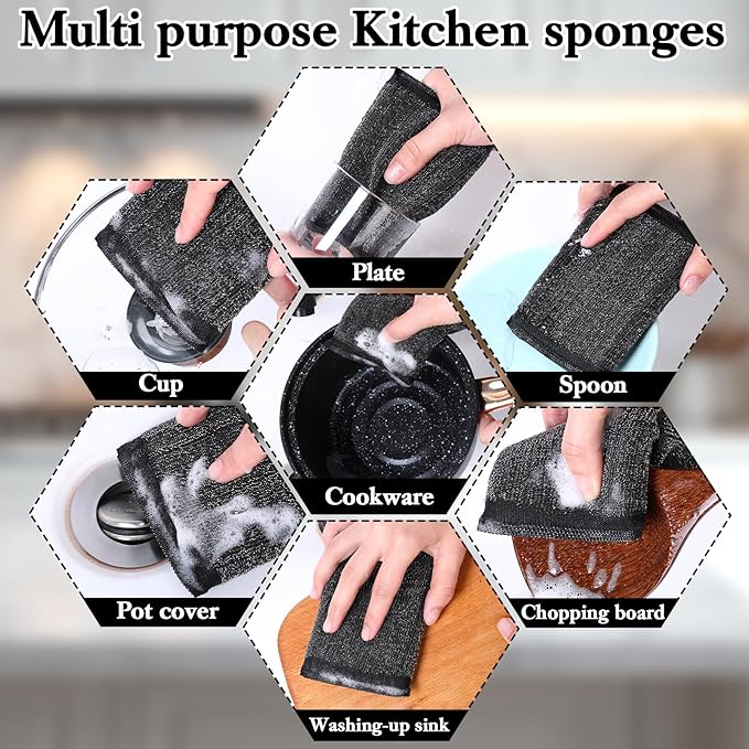 6 Pack Steel Wool Scrubber Sponges, Heavy Duty Stainless Steel Scouring Pads Reusable Non Scratch Metal Sponges Hand-Friendly Kitchen Cleaning Tool for Pots and Pans Tough Grease & Grime (Black)