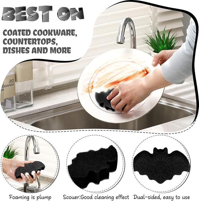 Tioncy 12 Pack Bat Sponges Kitchen Bulk Dual Sided Scrubber Gothic Sponges Dishwashing Non Scratch Bat Kitchen Accessories Dish Scouring, Black