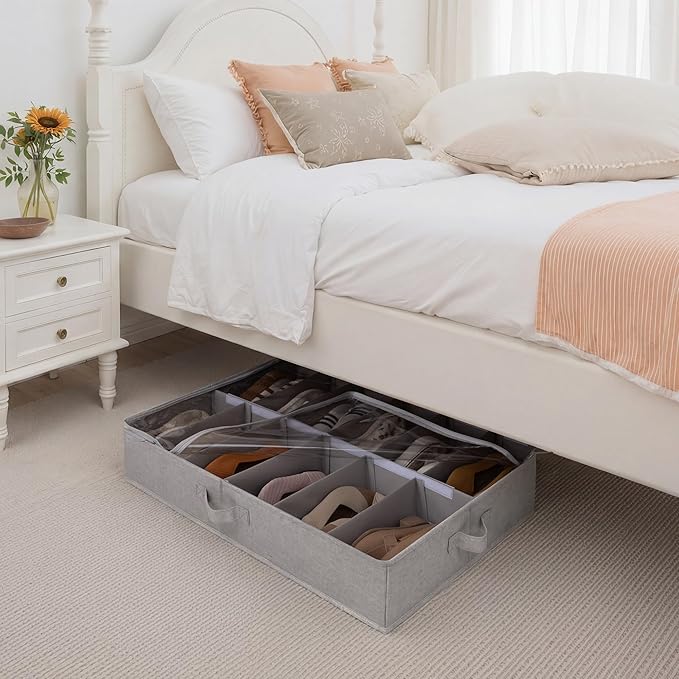 StorageWorks Shoe Organizer for Closet, Fits up to 24 Pairs, 2-Pack Ultra-thick Fabric Under Bed Shoe Storage Containers with Bottom Support and Adjustable Dividers, Grey