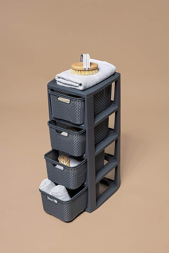 BranQ - Home Essential Rattan Design Shelving Unit Plastic, Anthracite, 29.5 x 24 x 64.2 cm