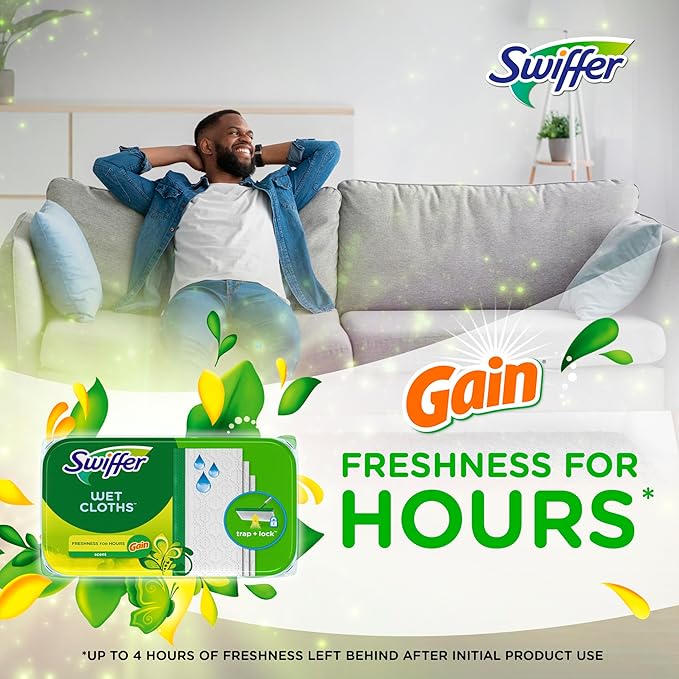 Swiffer Sweep + Mop, Wet Pads Refill, Floor Cleaner for Dirt, Dust, Hair, Cleaning Cloths for Mopping Home, Bathroom, Kitchen, All Purpose Multi-Surface Floor Wipes, Gain, 24ct