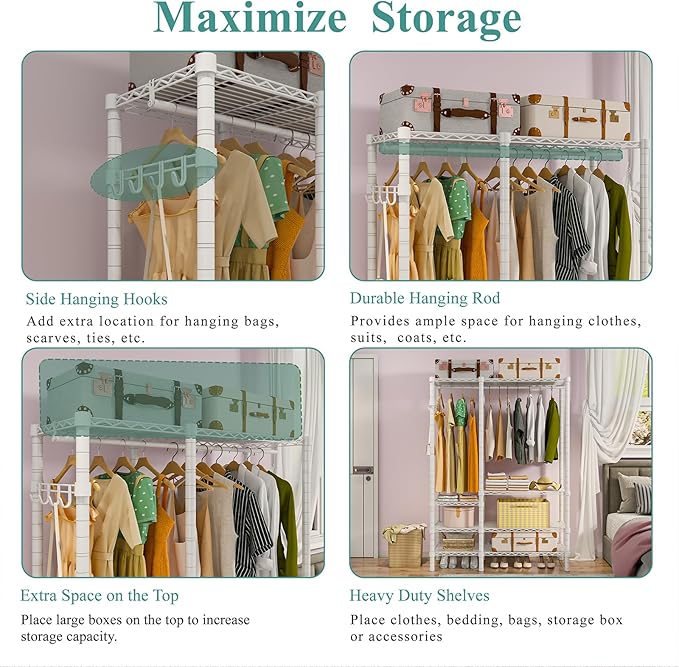 Heavy Duty Garment Rack, Metal Freestanding Closet Wardrobe Clothes Racks for Hanging Clothes, 4 Tiers Adjustable Wire Shelving, 44.9'' L x 16.5'' W x 76.8 '' H, Max Load 850LBS, White