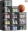 SONGMICS Shoe Boxes, Set of 12, Clear Plastic Shoe Storage, Stackable Sneaker Box, Drop Front Door, Up to US Size 11, Easy Assembly, 13 x 9.8 x 7.1 Inches, Transparent Black ULSP032B12