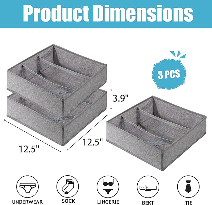 Bra Storage Drawers Organizer for Clothing Underwear Dresser Drawer Organizer Dividers Foldable Storage Cube Bins for Bra, Underwear,3 Pack （Grey）