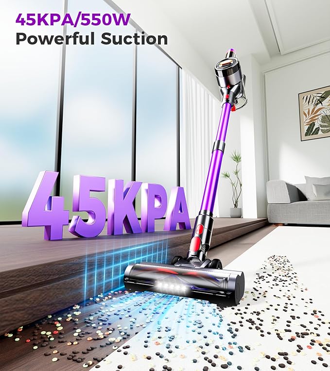 Feetis Cordless Vacuum Cleaner, 550W 45Kpa Vacuum Cleaners for Home, 60Mins Cordless Stick Vacuum with LED Display, Self-Standing & Anti-Tangle, 8-in-1 Wireless Vacuum for Carpet Pet Hair Hardfloor