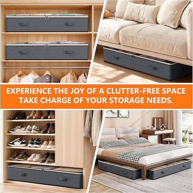 90L Under Bed Storage Containers,4-Pack Closet Organizers and Storage Bins,for Organization and Storage Clothes, Shoes, Blankets & Pillows,Visible Transparent Top Storage Bins with Lids,Black