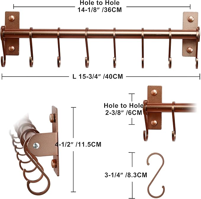 Dseap Kitchen Utensil Holder Hanger, Pot and Pan Rack Wall Mounted, Kitchen Rail with 8 Hooks for Hanging Cooking Utensils, Mugs, Spoons, Wall Mounted, Rose Gold