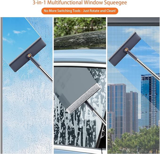 Window Cleaning Kit, Rotatable Window Squeegee for Home with 60" Extension Pole for High Windows, 3 Microfiber Cloths, Screen Brush, for Glass Indoor Outdoor