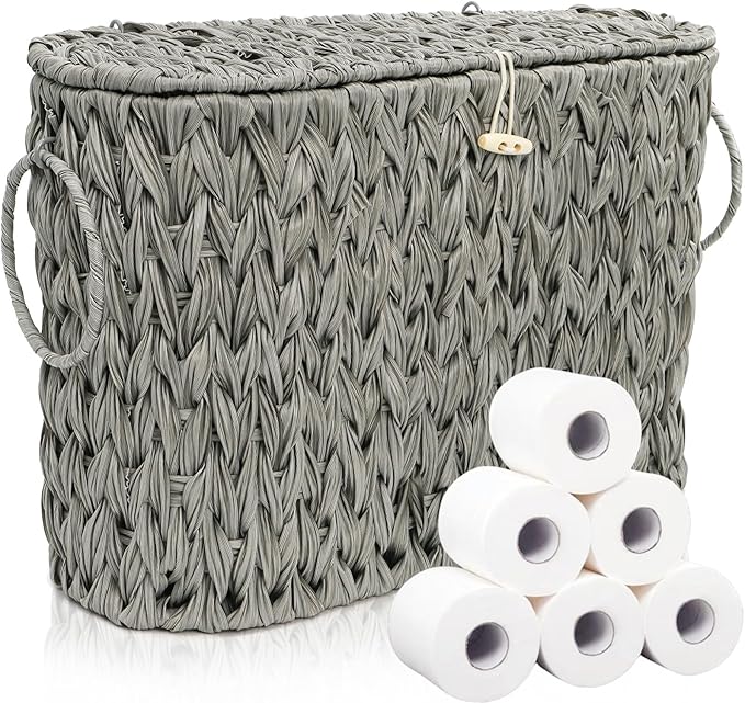 Pumtus Toilet Paper Storage Basket, Handwoven Toilet Paper Holder with Lid & Handle, Large Decorative Container for up to 6 Rolls, Plastic Trash Bin Magazine Organizer for Bathroom, Office