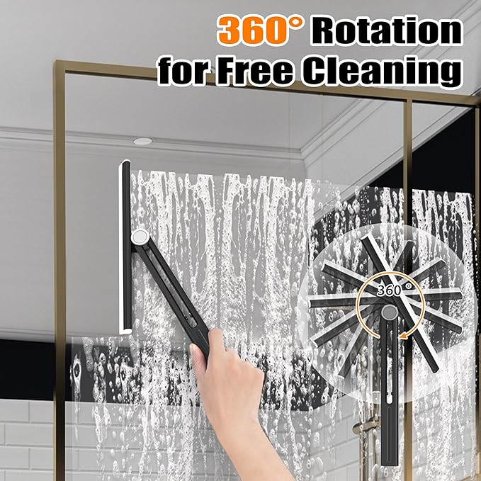 NEWE Shower Squeegee 2 Packs for Glass Doors, All-Purpose 360° Rotating Black Silicone Scraper Cleaner Tool for Tile, Walls, Mirror, Car Window, Countertop, Bathroom, 11 Inches