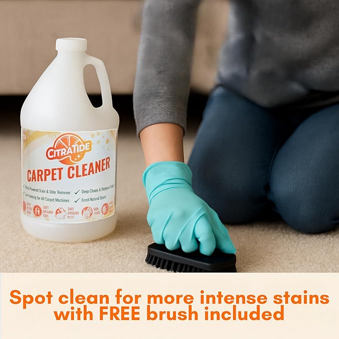 Carpet Cleaner Concentrate + Free Scouring brush – USA Made Enzymatic Citrus Formula for Carpets, Rugs & Upholstery – Eco-Friendly Pet Safe Deep Cleaner
