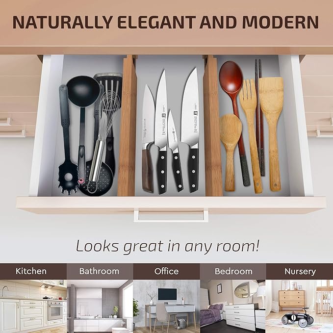 4 Pack Bamboo Drawer Dividers - 2.6 in High, Adjustable 16 to 22 in Expandable Drawer Organizers and Dresser Separators for Clothes, Bedroom, Bathroom, Kitchen, and Office Organization and Storage