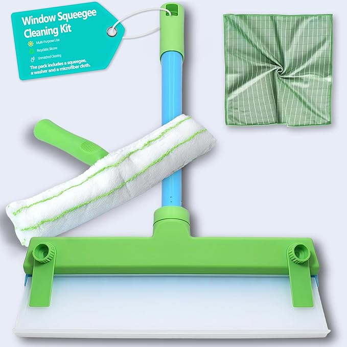 Silicone Window Squeegee Kit,Window Cleaning Kit,Recyclable Silicone Window Squeegee Kit with Washer and Microfiber Cloth(Green)