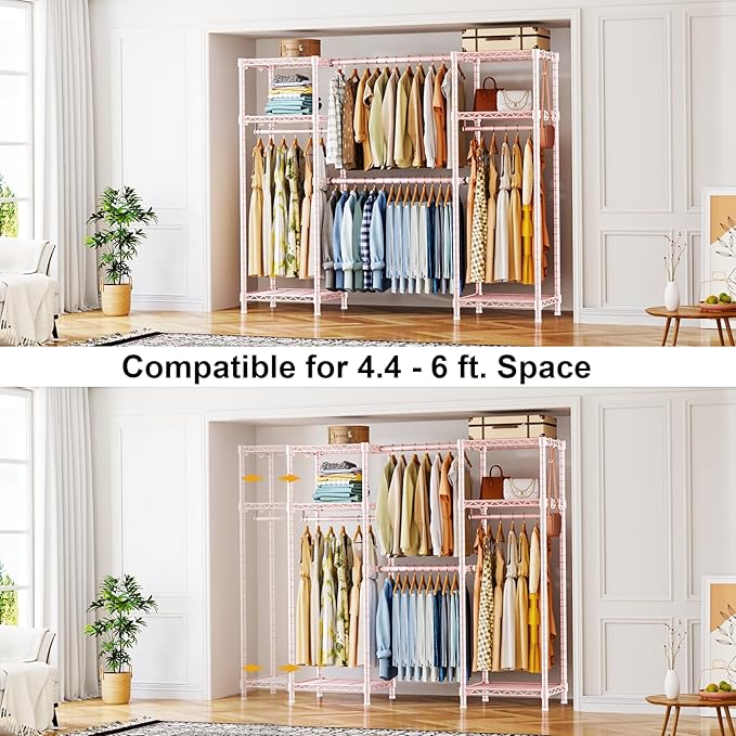 Ulif E7 Garment Rack, Heavy Duty Clothes Storage System with Extendable Hangers Rods, Metal Clothing Rack with 6 Wire Shelves, (52.3"-72") W x 14.5" D x 71.2" H, Load 838lbs, Pink