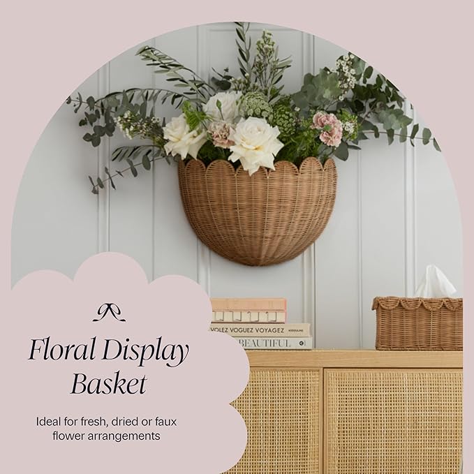 BEBE BASK Scalloped Wicker Hanging Basket - The Original Wicker Wall Decor - Hand Woven Wall Basket - Home Décor Wall Hanging Basket - Wall Storage Basket for Nursery, Living Room and Bathroom (Mocca)