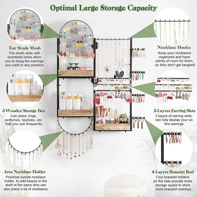 Keebofly Large Jewelry Organizer - Big Wall Mount Hanging Jewelry Holder Display for Earrings, Rings, Necklaces, Bracelets, Makeup, Perfume & Watches