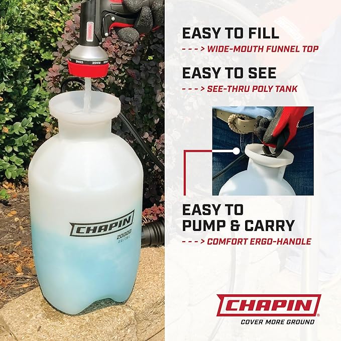 Chapin 20005 Pump Sprayer, 2 Gallon, Lawn and Garden, Hand Pressurized, Anti-Clog Filter, Adjustable Spray Nozzle, Spraying Plants, Watering, Weeds, Fertilizer and Pests, Translucent
