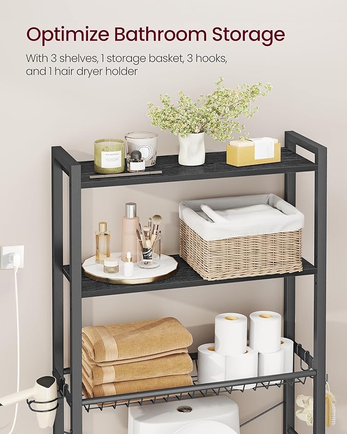 VASAGLE Over the Toilet Storage, Over Toilet Bathroom Organizer with Adjustable Shelves and Basket, 3 Hooks, Space Saving, 9.4 x 23.6 x 63 Inches, Ebony Black UBTS113BE01S