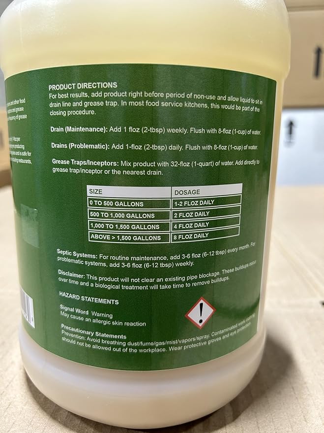 Drain and Grease Trap Maintainer- 1 Gallon (128 Treatments) - Biological Formula - Breaks Down Fats Oils and Grease - Grease Trap Treatment, Drain Deodorizer, Septic, Sewers