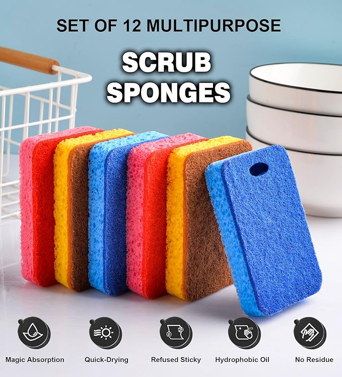 METUUTER 12-Count Scrub Sponges Kitchen Sponge Heavy Duty, Cellulose Sponges with Scouring Pads Dual-Sided for Kitchen and Household Use (Square-Multi)