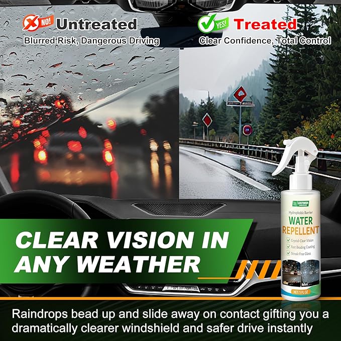 Glass Water Repellent Spray | Hydrophobic Rain Repellent for Car Windshield, Shower Doors, Windows & Mirrors | Safe Exterior Use Prevents Water Spots with Long Lasting Beading-150ml/5oz