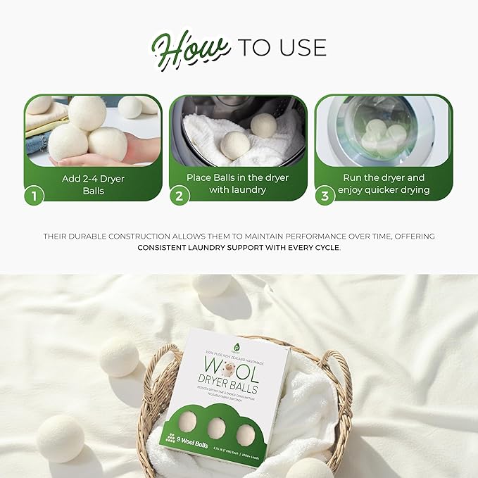 Pursonic XL Laundry Wool Dryer Balls Made with 100% Pure New Zealand Wool - Natural Reusable Fabric Softener Balls for Drying Time & Energy Consumption - Reduces Clothing Wrinkles & Lint - Set of 6