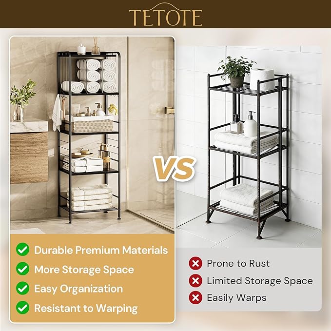 TETOTE 5-Tier Towel Storage for Bathroom Free Standing Towel Rack with M-Shaped Detachable Dividers& Hooks, Pool Towel Organizer Shelf Black
