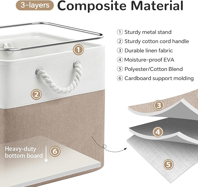 13 x 13 Inch Cube Storage Bins, 6 Pack Fabric Storage Basket with Handles, Foldable Boxes Organizer for Shelf Baskets for Home, Clothes (White/Khaki)