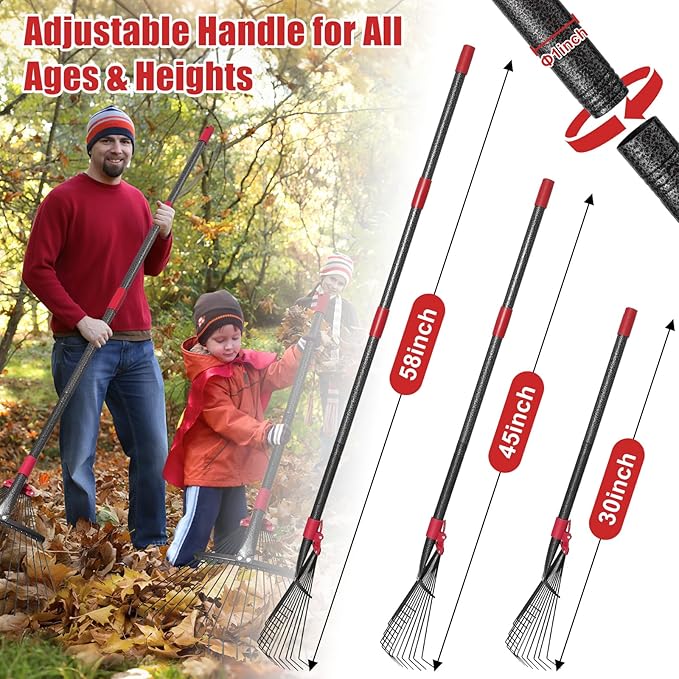 Adjustable Garden Leaf Rake - 58" Heavy Duty Metal Leaves Rake with Expandable Head (8”-17”), Collapsible Kids Rakes for Gardening Beds,Yard,Lawn,Shrub,Small Areas,Pine Needle & Camping Cleaning