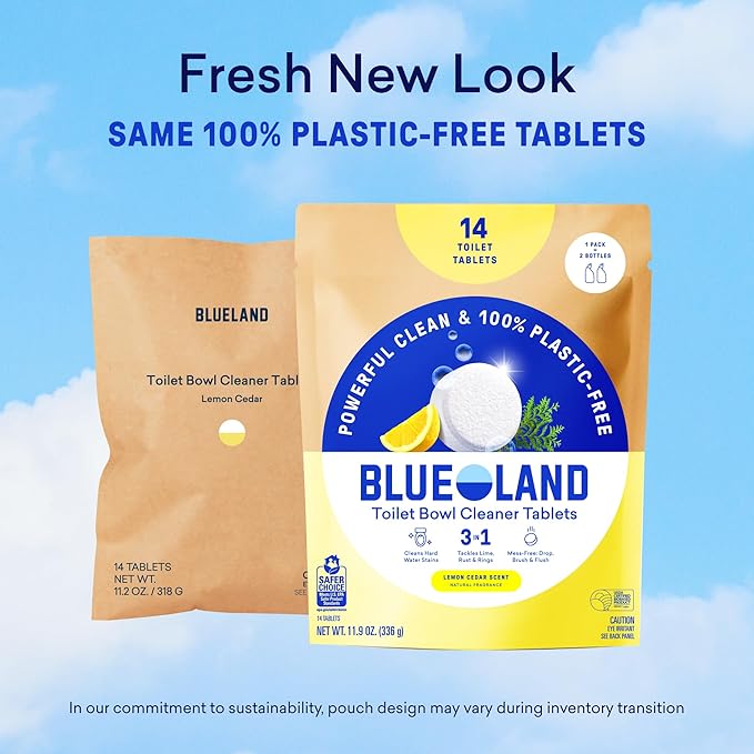 BLUELAND Toilet Bowl Cleaner Tablets, Starter Set, 14 Count with Tin, Lemon Cedar, Plastic-Free, No Harsh Chemicals, Plant-Based