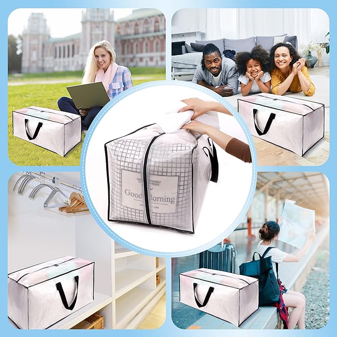 HOMESURE 12 Pack Large Strong Moving Bags with Zippers & Carrying Handles - Water-Resistant - Heavy Duty Storage Tote for Space Saving, Fold Flat, Alternative to Moving Box (Semi-Transparent)