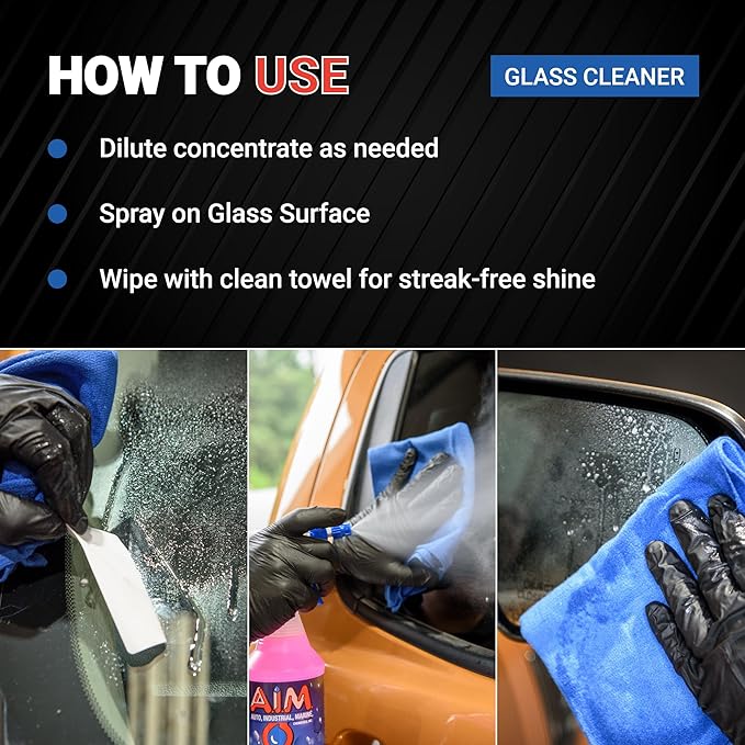 AIM Chemicals Ammoniated Glass Cleaner Concentrate - Streak-Free Shine for Windows, Cars, Homes, Offices - Dilutes 10:1 - Removes Dirt, Grime, Fingerprints - Ideal for Glass Spray Bottles - Gal