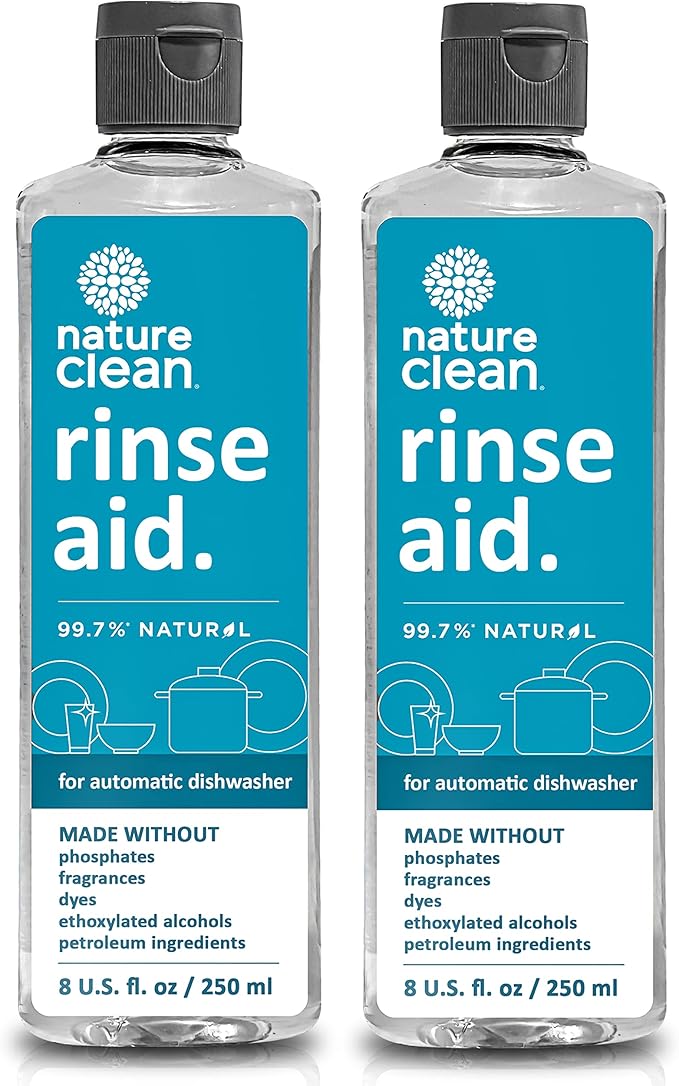 Nature Clean Dishwasher Rinse Aid Liquid, Non Toxic Natural Formula, Spot Free Shine for Glasses & Dishes, Hard Water Stain Remover, Dishwasher Drying Agent, 8 oz/250 ml Pack of 2