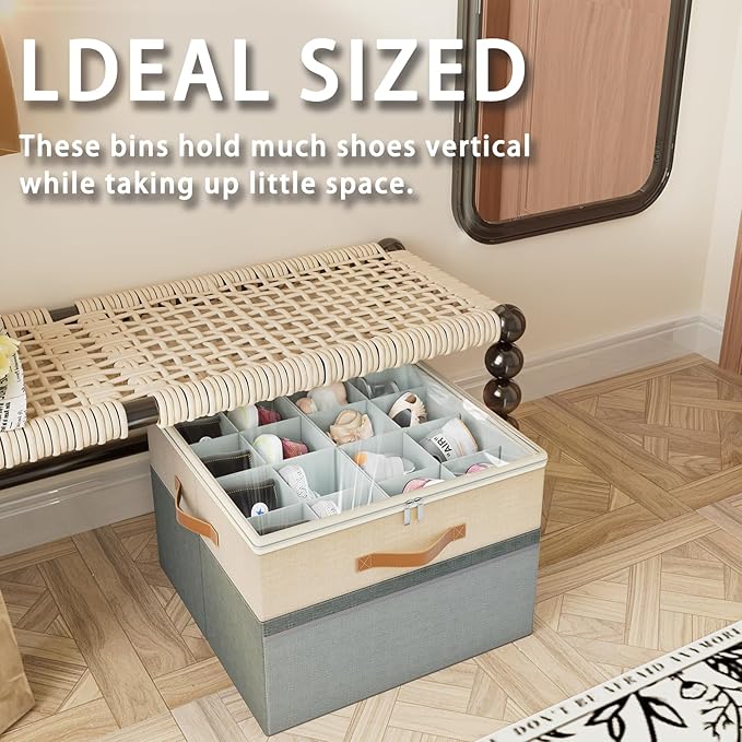 Shoe Organizer for Closet, 2 Pack Foldable Shoe Storage Organizer Box Bin with Adjustable Dividers and Clear Cover, Fits up to 16-32 Pairs（Grey&Beige）