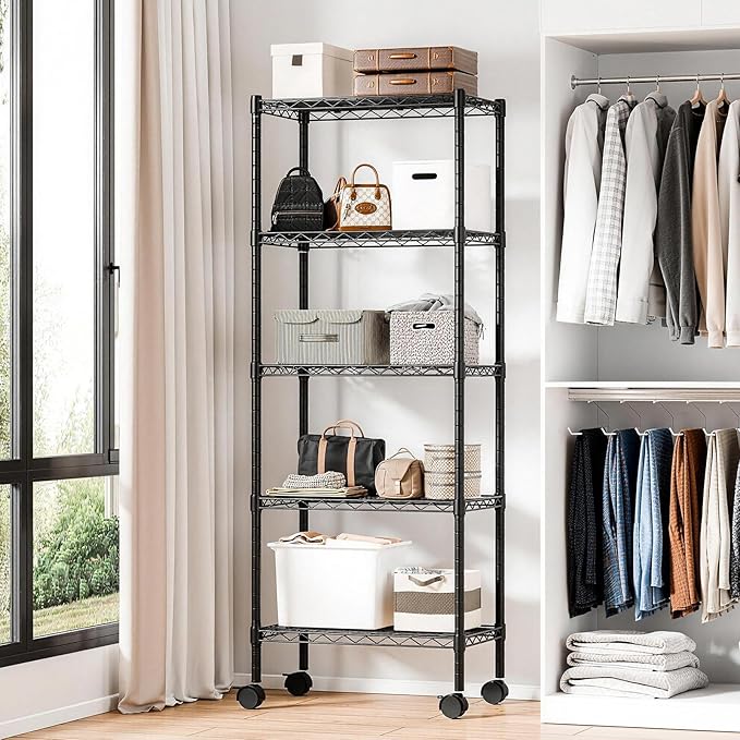 DUMOS 2 Pack 3Tier 4Tier 5 Tier Metal Shelving, Heavy Duty Shelves Wire Shelving Unit with Removable Wheel Casters, Shelves Organizer for Bathroom Garage Living Room Kitchen Pantry Laundry