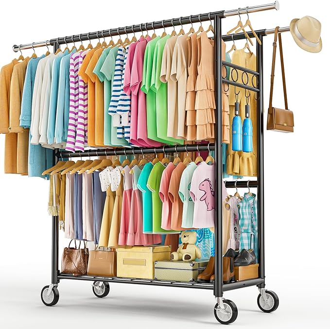 Heavy Duty Clothes Rack Load 1060LBS, Four Rods Rolling Clothing Racks for Hanging Clothes, Rolling Garment Rack With Sturdy Wheels Shelves Hooks, Portable & Adjustable Commercial Garment Rack, Black