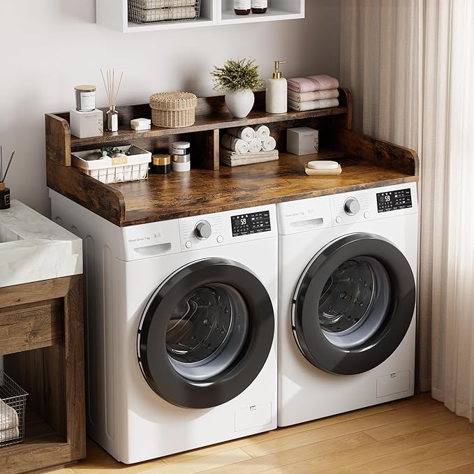 Garvee 54" Washer Dryer Countertop with 2-Tier Shelf, Wooden Laundry Countertop with Non-Slip Pad and Guard Rails, Washer and Dryer Topper for Laundry Room Organization