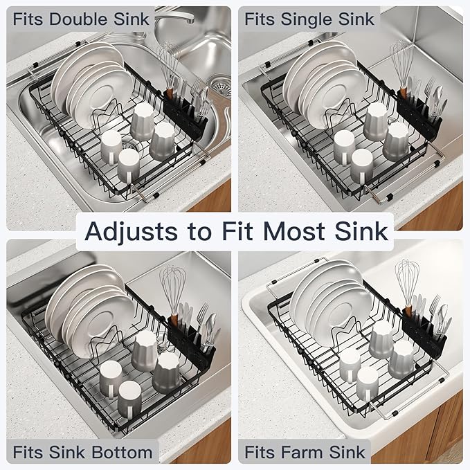 Small Expandable Over The Sink Dish Drying Rack Drainer In Stainless Steel Metal For Kitchen, Counter Space Saving Compact Above Plate Dryer Strainer, Adjustable Hanging Inside Sink Wire Drain Holder