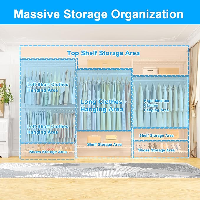 Ulif E13 Max Heavy Duty Clothes Rack（With 4 Hanger Rods & 8 Shelves） Freestanding Clothing Racks for Hanging Clothes，Adjustable Closet，Metal Garment Rack 86" W x16 D x77 H，Max Load 1100LBS，White