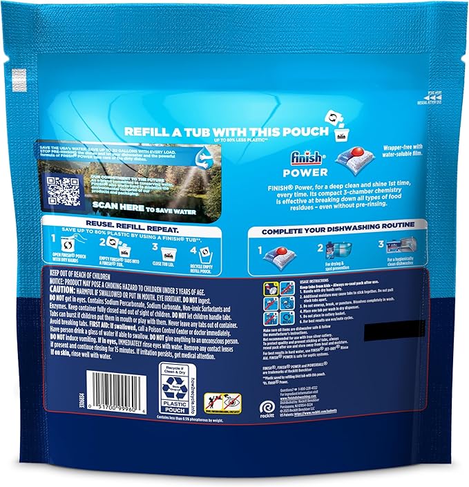 Finish Power Dishwasher Pod, No Pre-Rinse Dishwasher Detergent, Dishwasher Tabs For Deep Clean & Shine with Degreasing Power, 94 Count