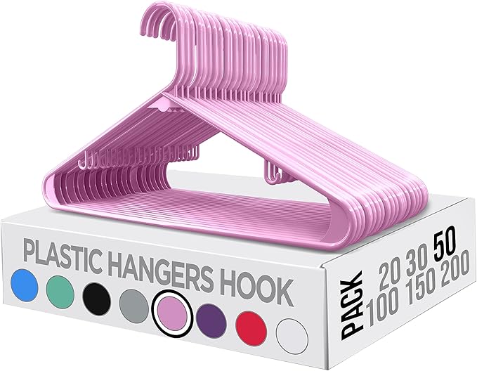 Utopia Home Plastic Hangers 50 Pack - Space Saving Clothes Hanger - Durable & Strong Closet Organizers and Storage with Built-in Strap Hooks - Essential for Shirts, Pants, Skirts & Coats (Pink)