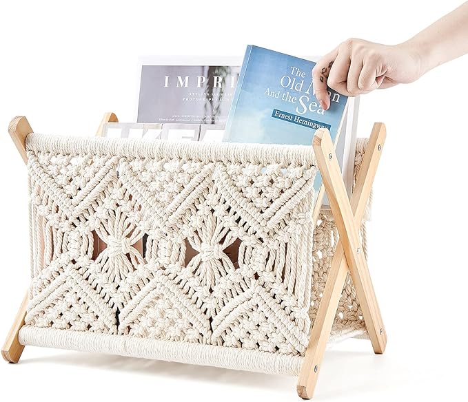 Mkono Macrame Magazine Rack Boho Storage Holder Standing Basket for Books, Newspapers, Swaddle Blanket, Dorm Essentials, Living Room, Bathroom, Office, Nursery, Home Decor, Medium Size, 14”L x 10”W