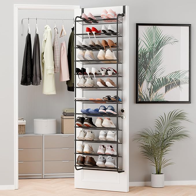 Whitmor 36 Pair Over The Door Shoe Organizer, 12 Tier Hanging Shoe Organizer, Heavy Duty Metal & Mesh Shoe Holder, Hanging Shoe Rack for Closet Organizer, 69"L x 21.7"W x 7.5"H, Matt Gunmetal