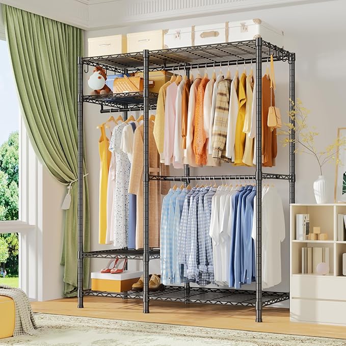 Ulif F7 Medium Garment Rack, Heavy Duty Clothes Rack, Clothing Racks for Hanging Clothes, 6-Tiers Freestanding Portable Closet Storage Rack 45'' W × 14.6'' D × 76.6'' H, Max Load 750 Lbs, Black