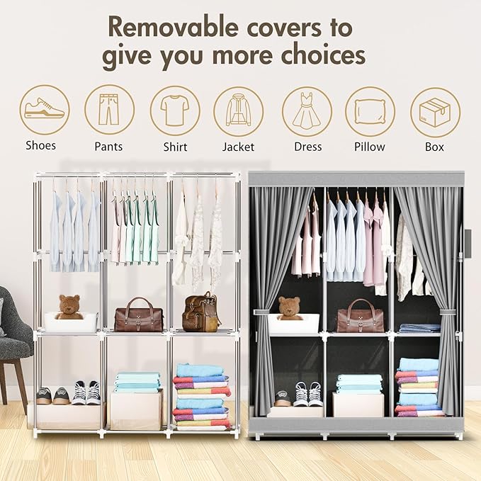 ALSO GO Portable Closet, Storage Organizer Wardrobe with Non-Woven Fabric Cover, with 3 Hanging Rods, 6 Storage Shelves and Side Pockets, Free Standing Clothes Rack with Non-Woven Fabric Cover, Grey