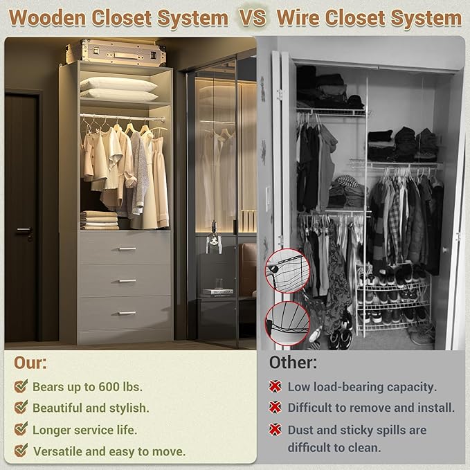 Besiost Closet System Set of 2, 4FT Closet Systems with 6 Wood Drawers, 48" Closet Organizer System with 2 Hanging Rods & 2 Shelves, Heavy Duty 48 Inch Walk-in Closet, Grey (48"L x 15" W x 80" H)
