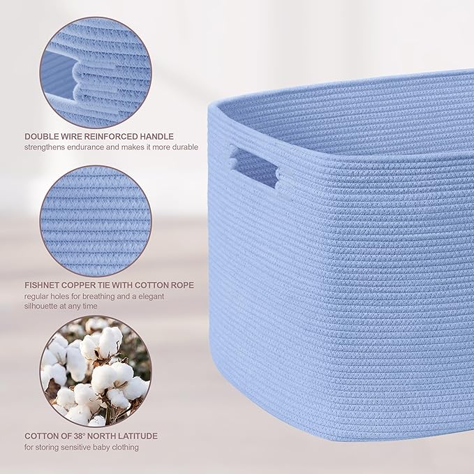86L Large Baby Girls Laundry Basket for Nursery Storage,Cute Woven cotton Rope Baskets for Kids Toy，Gifts, Boho Square Wicker Blanket hamper for Living Room,Bedroom Dirty Clothes,Blue Purple