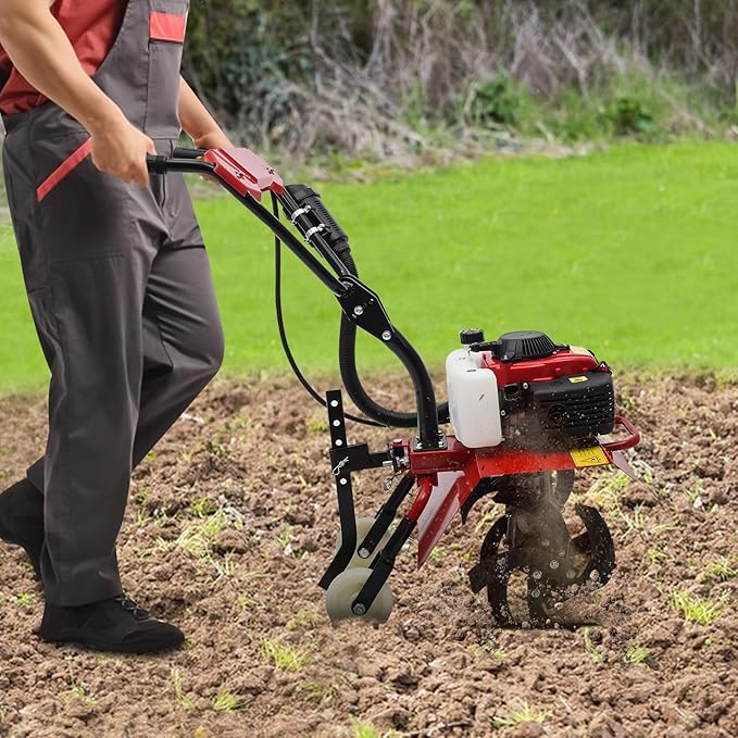 Gas Powered Tiller, 63Cc 4-Stroke Soil Cultivator Mini Tiller Cultivator Garden Tiller Hand Rotary Cultivator Rototiller Garden Tool with Long Handle for Lawn Garden Soil Cultivation 1600W