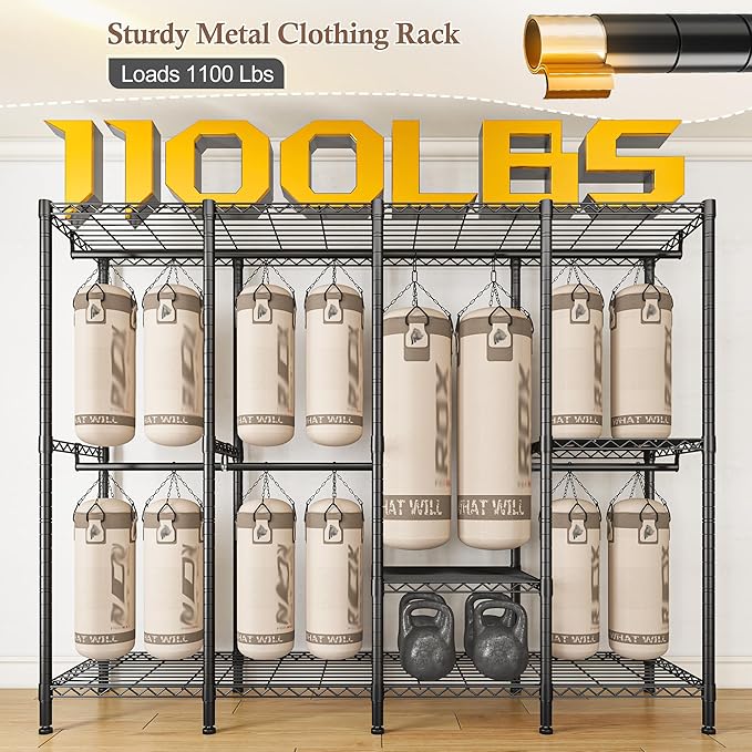 Raybee Clothes Rack with Cover,1100 LBS,Clothing Racks for Hanging with 10 Shelves& 7 Rods,Portable Closet Heavy Duty,Adjustable,Freestanding Garment Rack,Black,75.8" W x 17.7" D x 76.9" H
